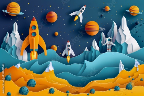 Vibrant Illustrated Space Adventure Scene with Rockets, Planets, and Alien Landscape in a Colorful Cartoon Style Design