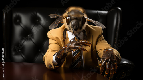 Anthropomorphic bee character in suit sitting confidently at desk, concept leadership and uniqueness