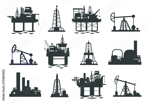 Oil platform silhouette. Offshore petroleum jack derrick tower, energy industry gas extraction plant, fuel production and transportation. Vector illustration