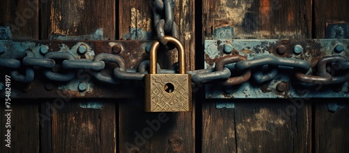 A chain lock is seen wrapped tightly around a sturdy wooden door, providing security and reinforcement against unauthorized entry. The metal chain contrasts with the rustic wood of the door