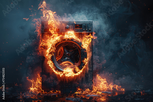 Burning washing machine on fire and smoke