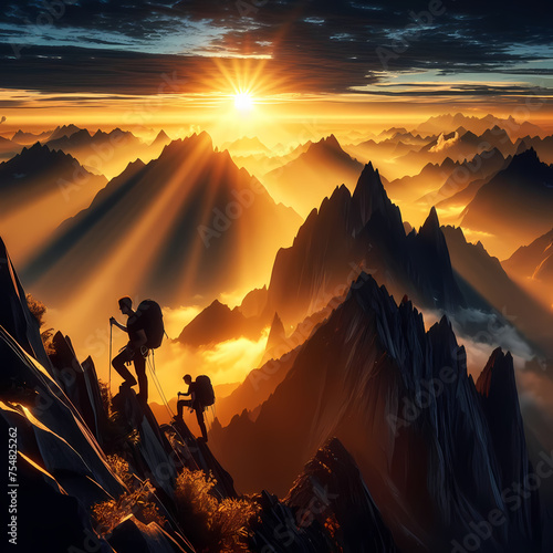  the silhouettes of mountain climbers scaling majestic peaks at sunrise with dramatic lighting and shadow play, generative ai