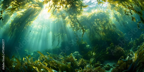A serene underwater landscape with sunlight filtering through a dense kelp forest, highlighting the rich marine ecosystem.