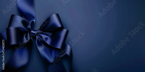 Blue velvet background with a bow. Dark blue bow, ribbon.