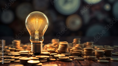 A light bulb is lit up on a table with a pile of gold coins