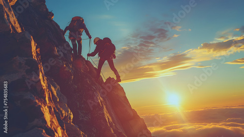 A man and a woman climb a mountain with a beautiful sunset in the background.