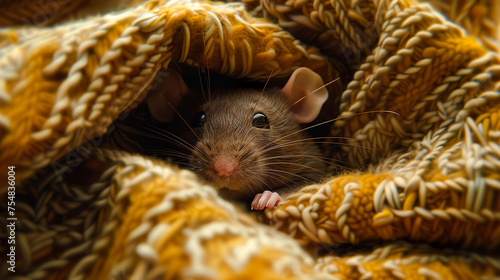 毛布に隠れて顔だけを出す可愛いネズミ