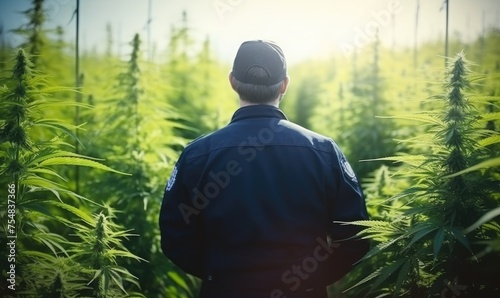 a policeman is standing in a marijuana field. suitable for your plant crime design