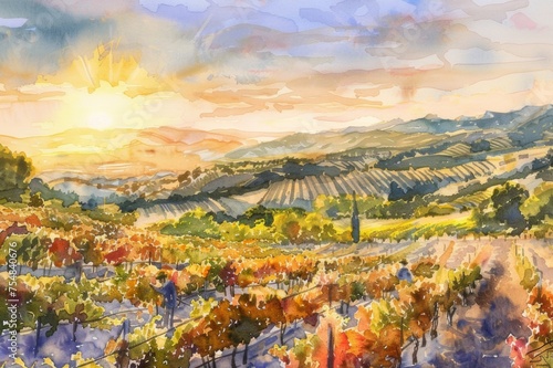 Watercolor illustration of a vineyard during the harvest season Displaying rows of grape vines workers picking grapes and the beautiful backdrop of the hills under the sunset.