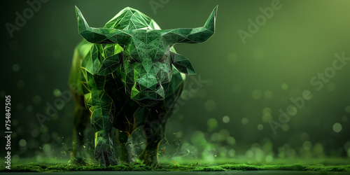 Bulle als Statue aus edlen Glas in grün als Symbol für den Bullenmarkt an der Börse im Querformat für Banner, ai generativ