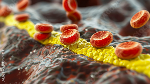 Close-up of cholesterol plaque in an artery with red blood cells illustrating health concepts