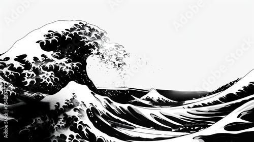 A black and white image of a wave crashing on a beach