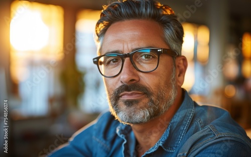 A multiracial man wearing glasses and a denim shirt