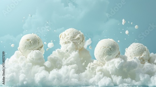 Ice cream scoops among the clouds. Air ice cream. Light dessert taste