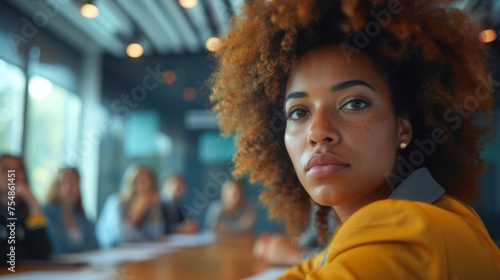 A multiracial woman with curly hair is sitting at a table