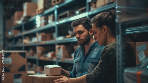 A man and woman of different races are busy organizing boxes in a warehouse setting