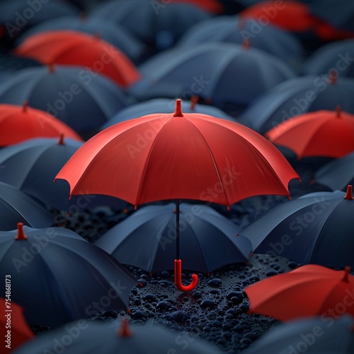 Leader in the Crowd Concept, Bulu, Red Umbrella Sneaks Up Against the Flow of Black Umbrellas. Beautiful 3d Animation, 4K. Made with generative ai 