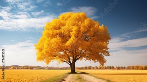 Majestic Walnut Tree: A towering walnut tree in the midst of a golden autumn landscape, its lush green leaves turning vibrant shades of yellow and orange