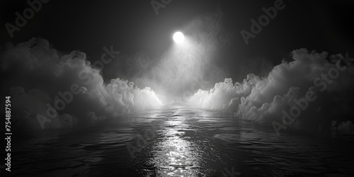  Smoke and fog on a dark street at night Night futuristic landscape, cold night, smog, moon ,trees in the fog. Reflection of the light Cloudy night sky background and wallpaper 