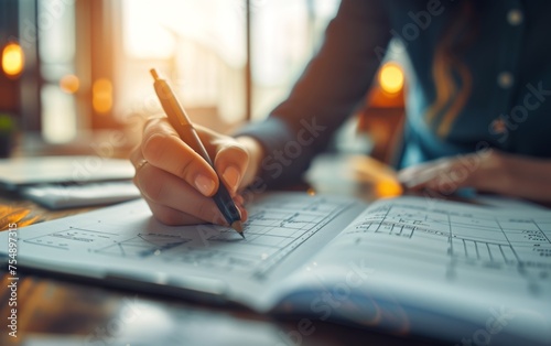 A woman is writing in a notebook with a pen. She is focused on her work and she is in a serious mood. The notebook is open to a page with a lot of writing on it