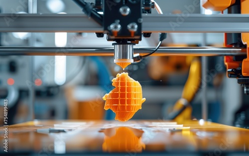 The Future in Creation, a 3D printer in action, precisely constructing an orange, honeycomb-structured fish, representing the cutting-edge of manufacturing and design technology.
