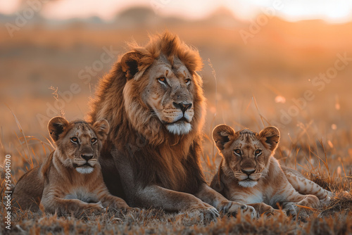 Majestic Lion and His Cubs at Sunset: A Wildlife Banner of Family Bonds