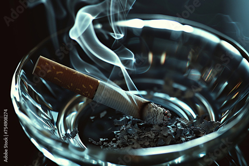 Extinguished cigarette in ashtray emitting smoke on dark background.