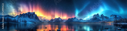 panorama with northern lights in the night starry sky over lake with mountains in winter. Colorful multicolored aurora borealis