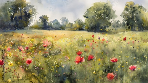 A watercolor painting depicting a tranquil meadow, with a blend of wildflowers in the foreground and a hazy treeline in the distance under a soft blue sky