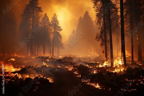 Devastating wildfire raging through dense forest, poses grave ecological threat to environment