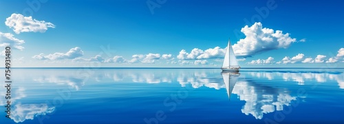 Panoramic minimalist seascape yacht solo expedition across the Atlantic white clouds blue sky reflection. 