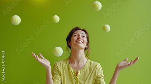 Woman juggling balls a skillful display on a lively lime green background a metaphor for multitasking with ample copyspace