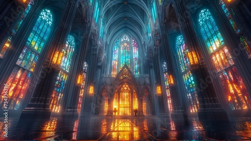 Majestic Cathedral Interior with Stained Glass Windows and Sunlight Illuminating the Altar