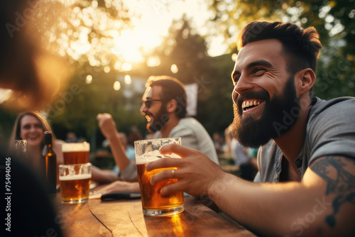 A man with a beard is holding a glass of beer and smiling