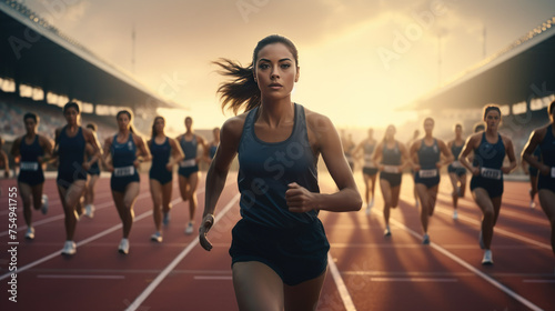 A woman runs on a track with other runners behind her