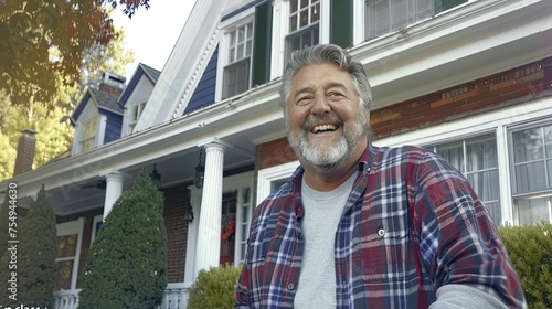 Mature man smiling, and wearing flannel shirt with a handsome beard, in front of a house.