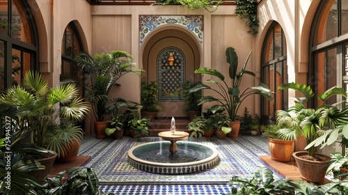 An enchanting Moorish style interior courtyard featuring a central fountain, vibrant mosaic tiles, and an abundance of lush green plants.