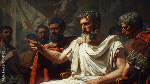 An evocative scene of Epictetus teaching a masterful blend of Stoicism and art inspiring through the ages