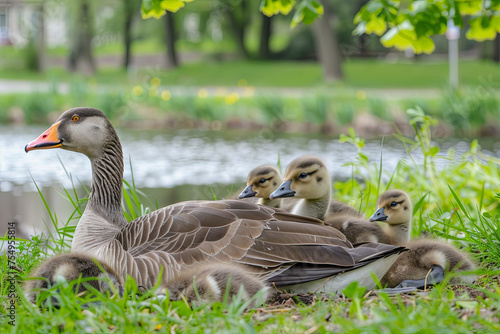 Greylag Goose family resting on grass near water