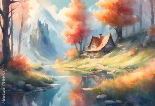 house near the river and mountain