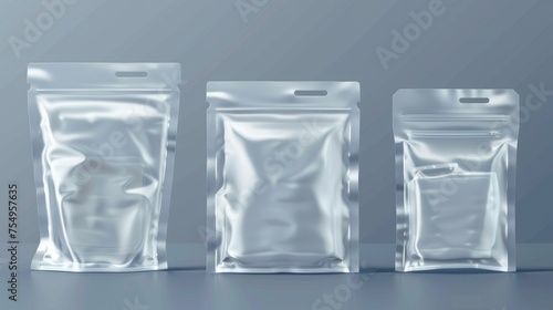A mockup for a plastic bag with zip lock. Realistic modern illustration set of templates for a transparent clear sachet with zipper. Nylon pouch pocket. Vinyl package with lock.