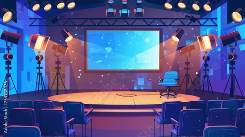 Setup of a talent show in a big hall with a microphone and loudspeakers on scene, a large screen, judges' chairs, spotlights, and television cameras. Cartoon modern of empty competition or contest