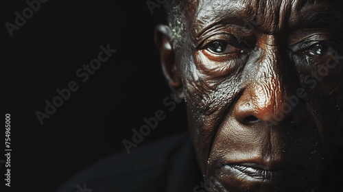 Portrait of an old African American man closeup. His sad face is wrinkled. There is enough free space on the black background of the photo.