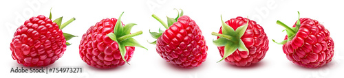 Set of five ripe raspberries with sepals isolated on a transparent background.