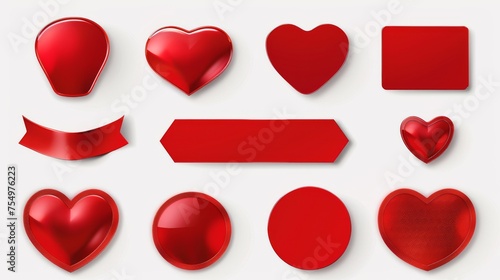 The realistic 3d modern set includes heart, circle, square, oval, stripe, rectangle, and square stickers with curve edges.