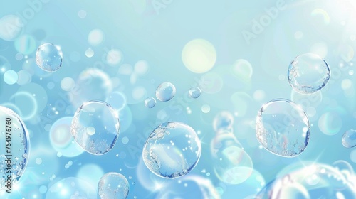 Air bubbles in transparent liquid substance. Realistic illustration of water or gel texture, oil drops, beauty care collagen serum, hyaluron skin essence smear. Aqua purity. Abstract background.