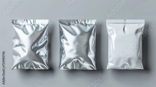 Realistic 3D modern mockup set with foil and plastic bags, blank white, transparent and silver metallic colored pillow packages for food production, snacks, chips, or cookies.
