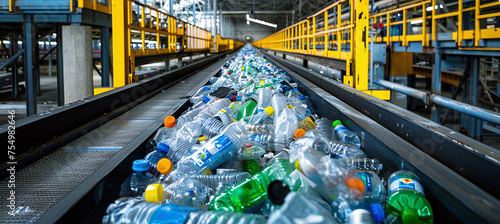 Conveyor belt with plastic recyclables at the enterprise, waste recycling and disposal concept