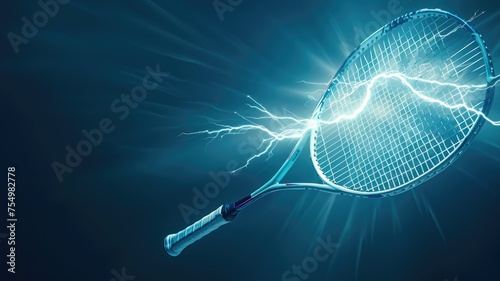 Tennis racket charged with electric energy bolts - A tennis racket with electric bolts concept portrays the intense energy and power sports players vent during a heated match