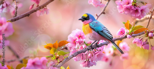 Colorful birds. Songbird in cherry blossoms